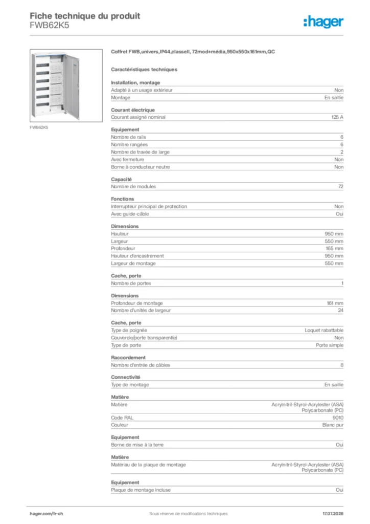 Image Hager Fiche technique du produit FWB62K5 | Hager Suisse