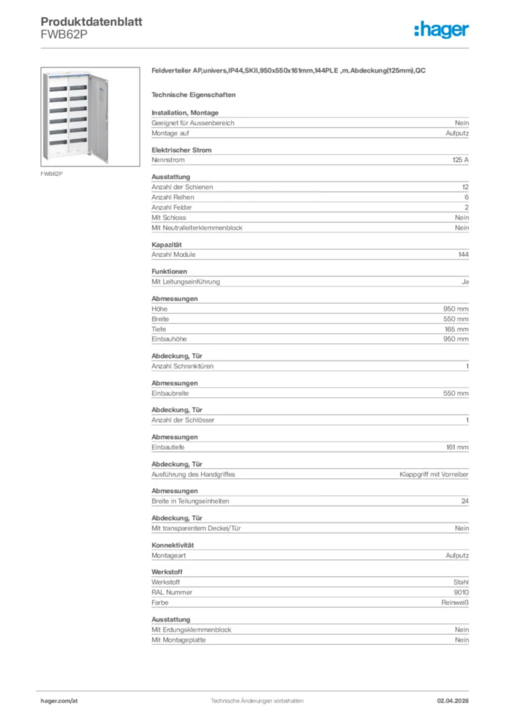 Bild Hager Produktdatenblatt FWB62P | Hager Deutschland