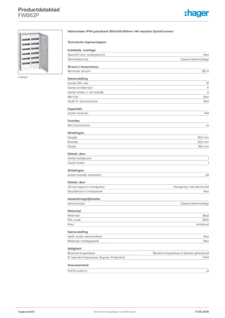 Afbeelding Hager Productdatablad FWB62P | Hager Nederland