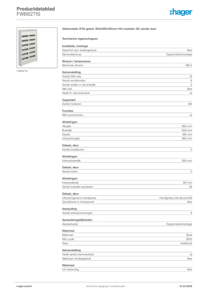 Afbeelding Hager Productdatablad FWB62T1S | Hager Nederland