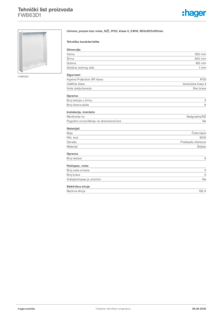 Slika Hager Tehnički list proizvoda FWB63D1  | Hager