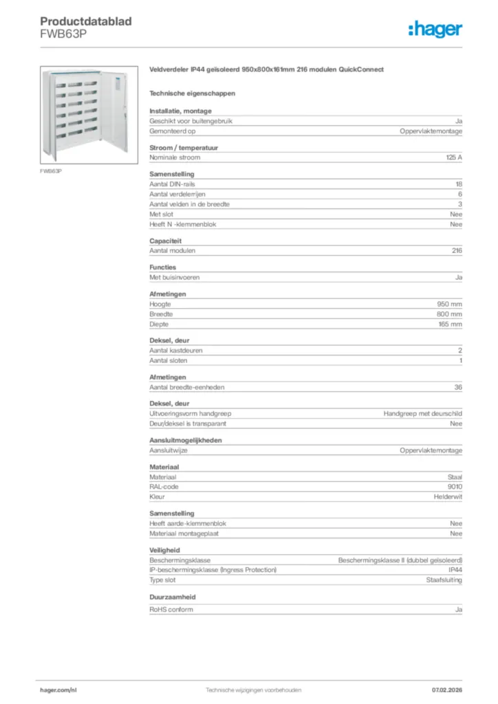 Afbeelding Hager Productdatablad FWB63P | Hager Nederland
