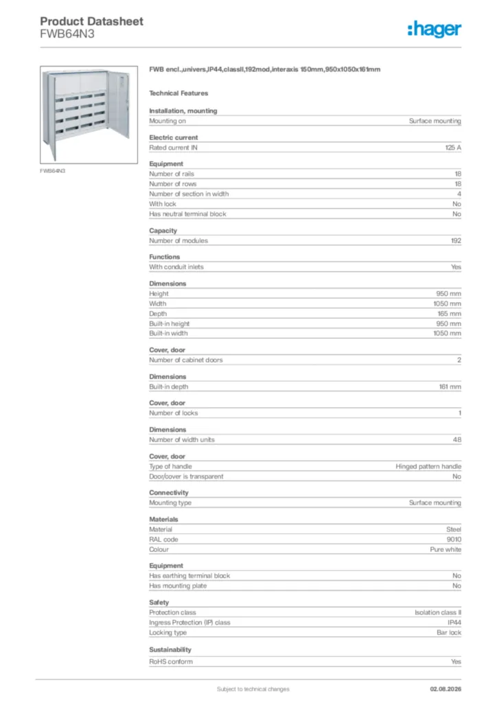 Image Hager Product data sheet FWB64N3  | Hager Africa