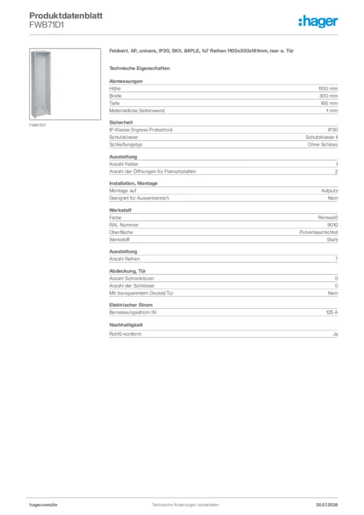 Bild Hager Produktdatenblatt FWB71D1 | Hager Deutschland