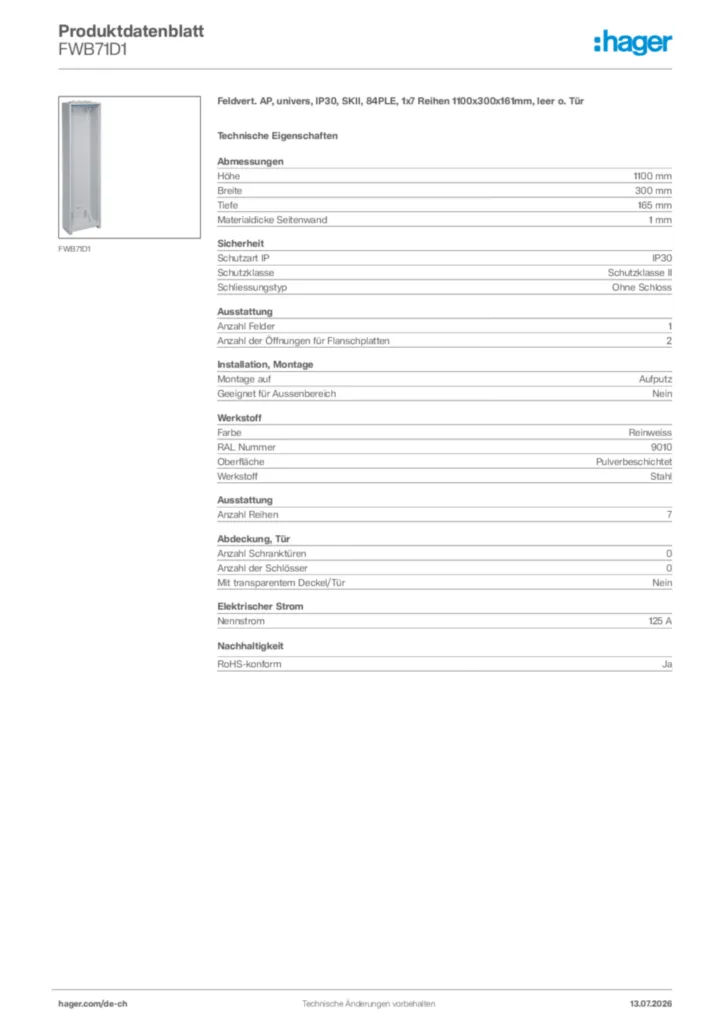 Bild Hager Produktdatenblatt FWB71D1 | Hager Schweiz