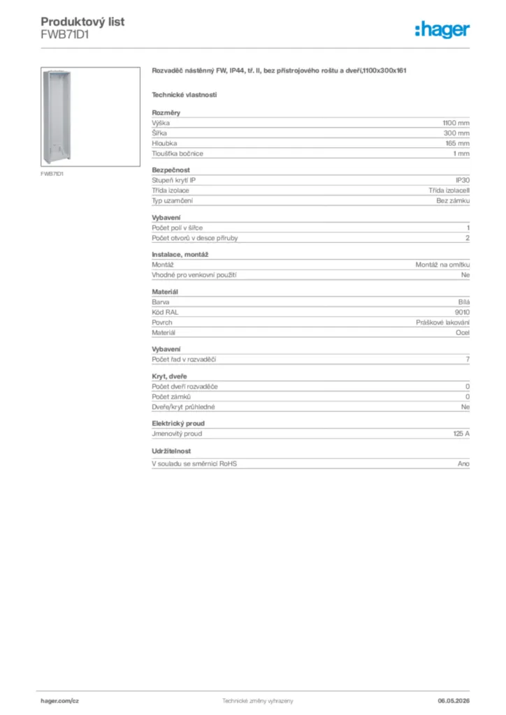 Obrázek Hager Product data sheet FWB71D1 | Hager
