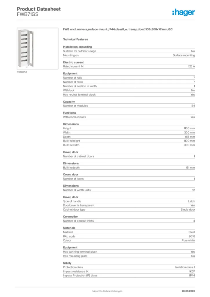 Image Hager Product data sheet FWB71GS  | Hager Africa