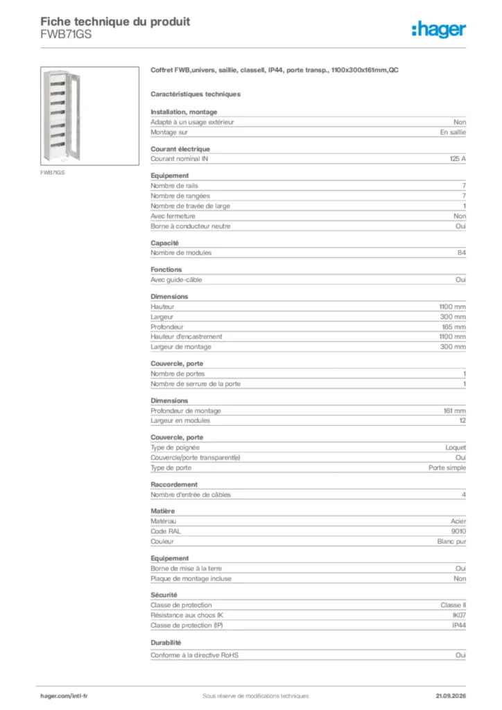 Image Hager Fiche technique du produit FWB71GS | Hager Afrique