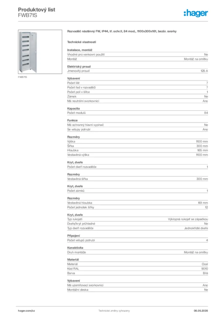 Obrázek Hager Product data sheet FWB71S | Hager