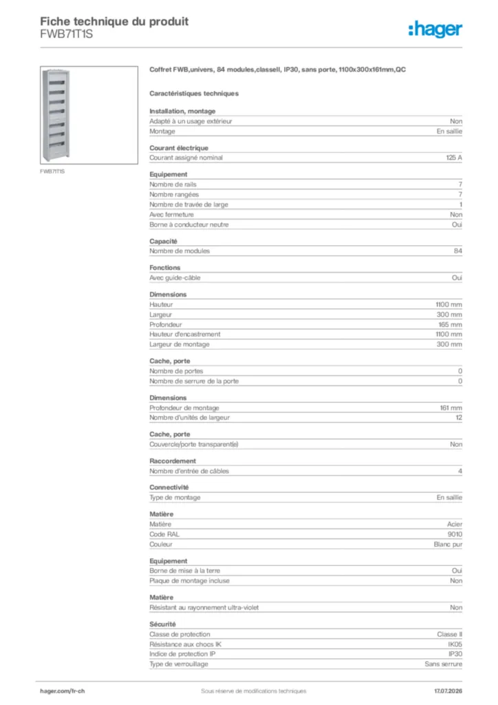 Image Hager Fiche technique du produit FWB71T1S | Hager Suisse
