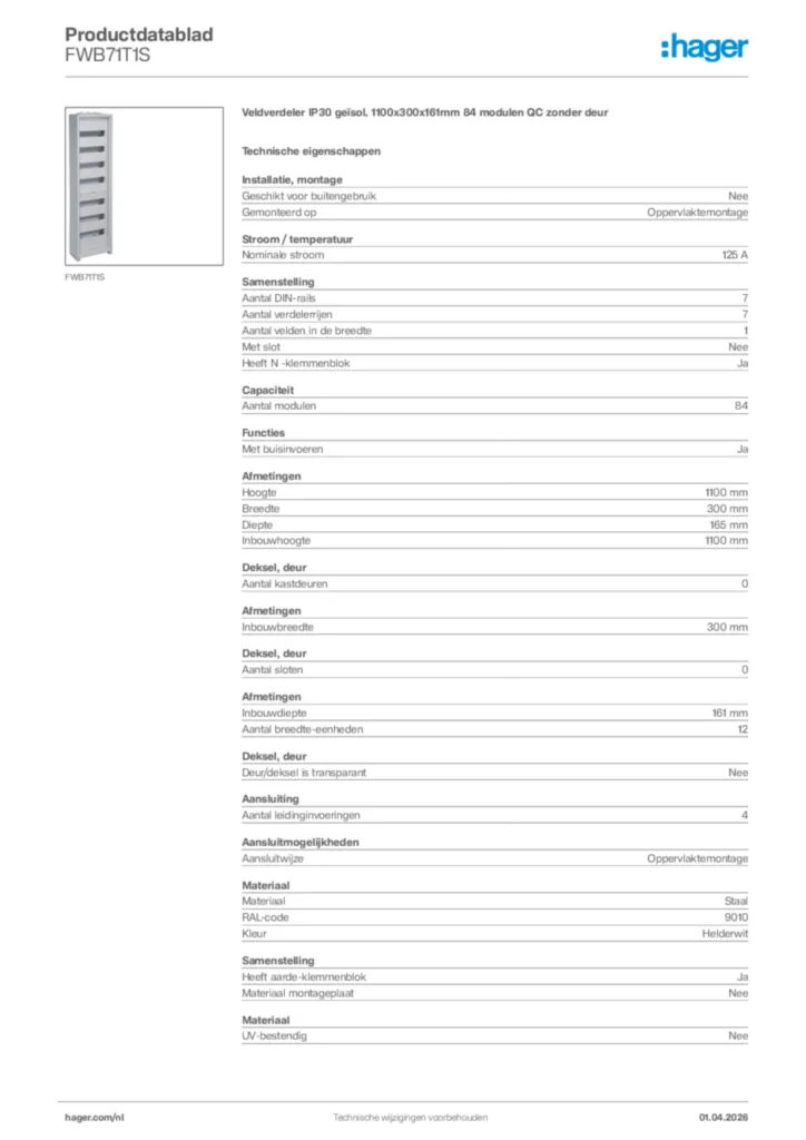 Afbeelding Hager Productdatablad FWB71T1S | Hager Nederland