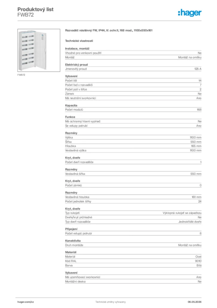 Obrázek Hager Product data sheet FWB72 | Hager