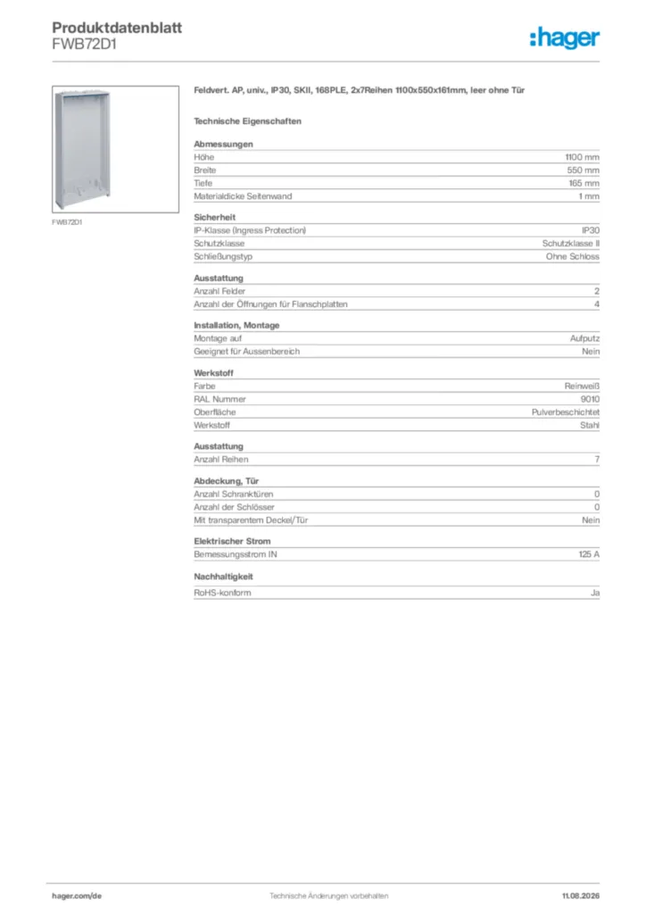 Bild Hager Produktdatenblatt FWB72D1 | Hager Deutschland