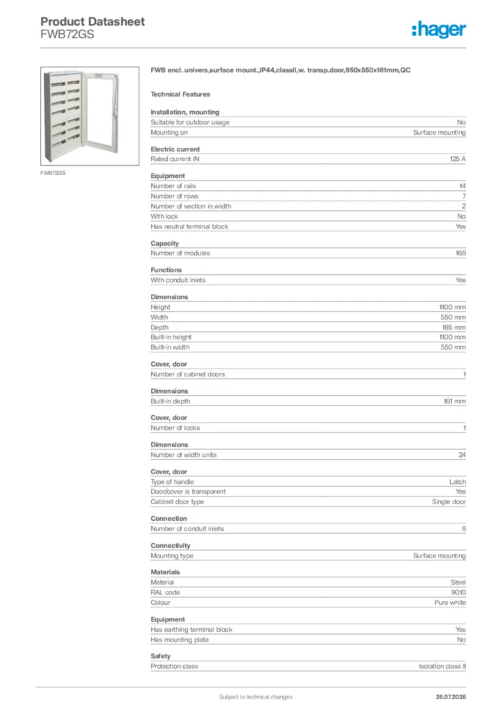 Image Hager Product data sheet FWB72GS  | Hager Africa