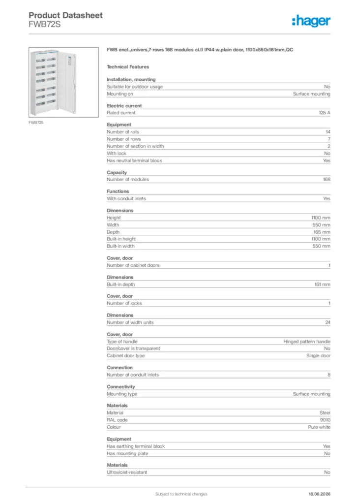 Image Hager Product data sheet FWB72S  | Hager Africa
