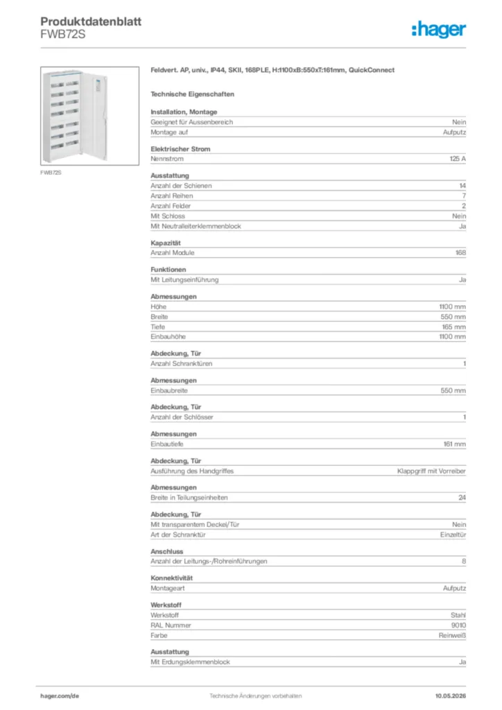 Bild Hager Produktdatenblatt FWB72S | Hager Deutschland
