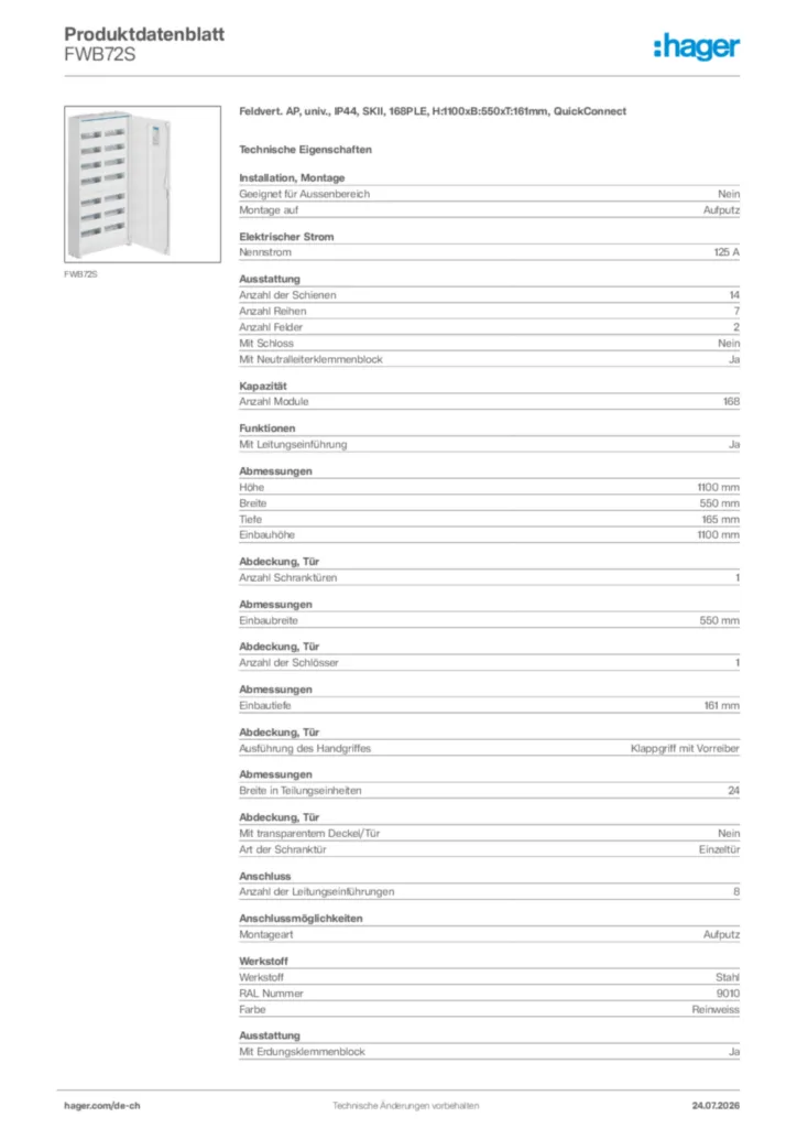 Bild Hager Produktdatenblatt FWB72S | Hager Schweiz