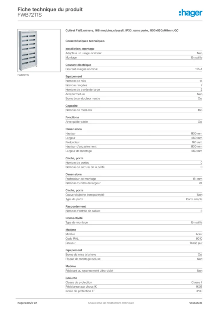 Image Hager Fiche technique du produit FWB72T1S | Hager Suisse