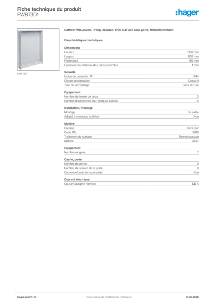 Image Hager Fiche technique du produit FWB73D1 | Hager Suisse