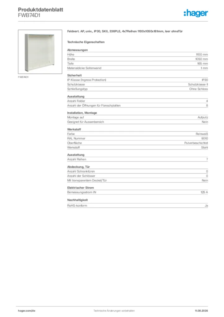 Bild Hager Produktdatenblatt FWB74D1 | Hager Deutschland