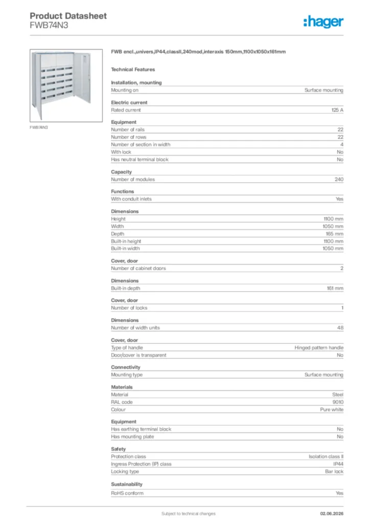 Image Hager Product data sheet FWB74N3  | Hager Africa