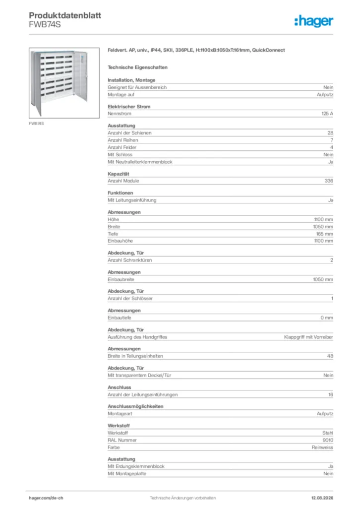 Bild Hager Produktdatenblatt FWB74S | Hager Schweiz