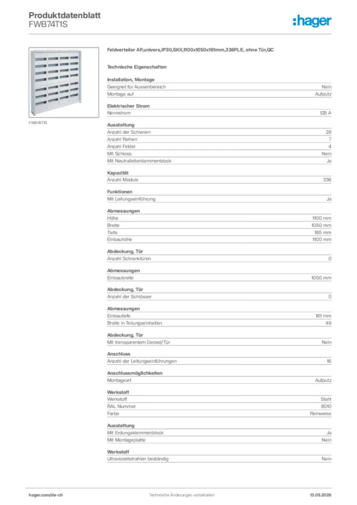 Bild Hager Produktdatenblatt FWB74T1S | Hager Schweiz