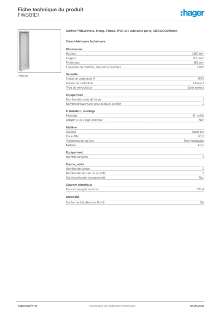 Image Hager Fiche technique du produit FWB81D1 | Hager Suisse