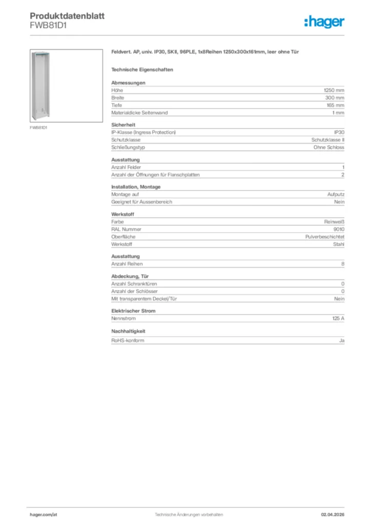 Bild Hager Produktdatenblatt FWB81D1 | Hager Deutschland
