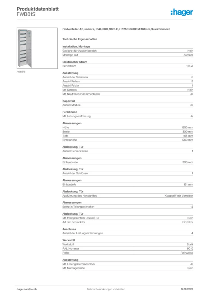 Bild Hager Produktdatenblatt FWB81S | Hager Schweiz