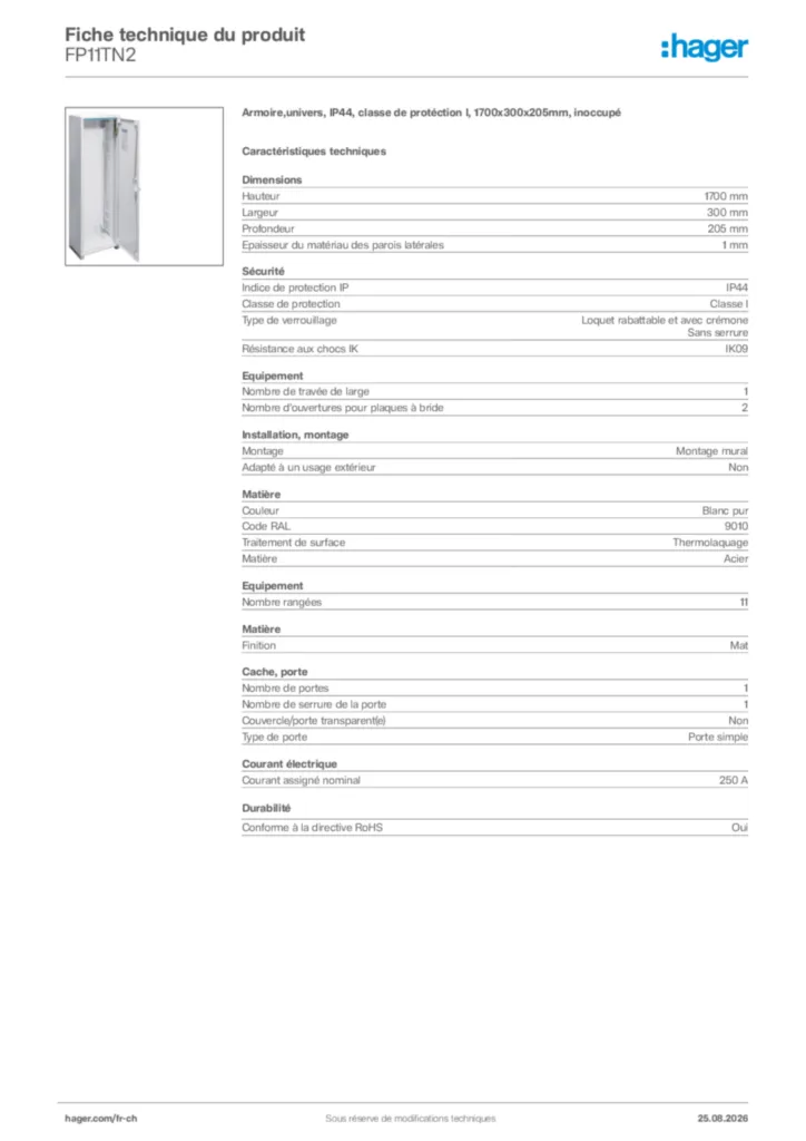 Image Hager Fiche technique du produit FP11TN2 | Hager Suisse