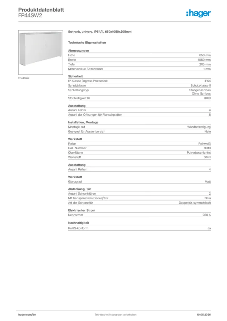 Bild Hager Produktdatenblatt FP44SW2 | Hager Deutschland