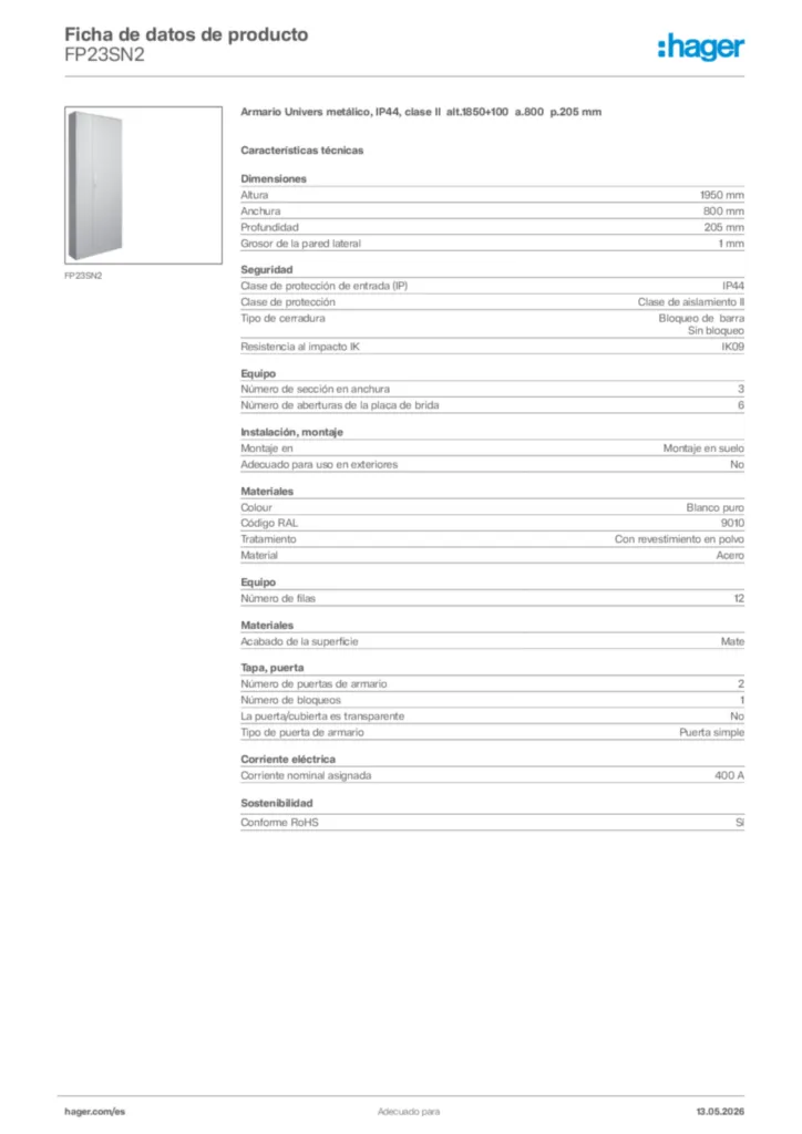 Imagen Hager Ficha de datos de producto FP23SN2 | Hager España