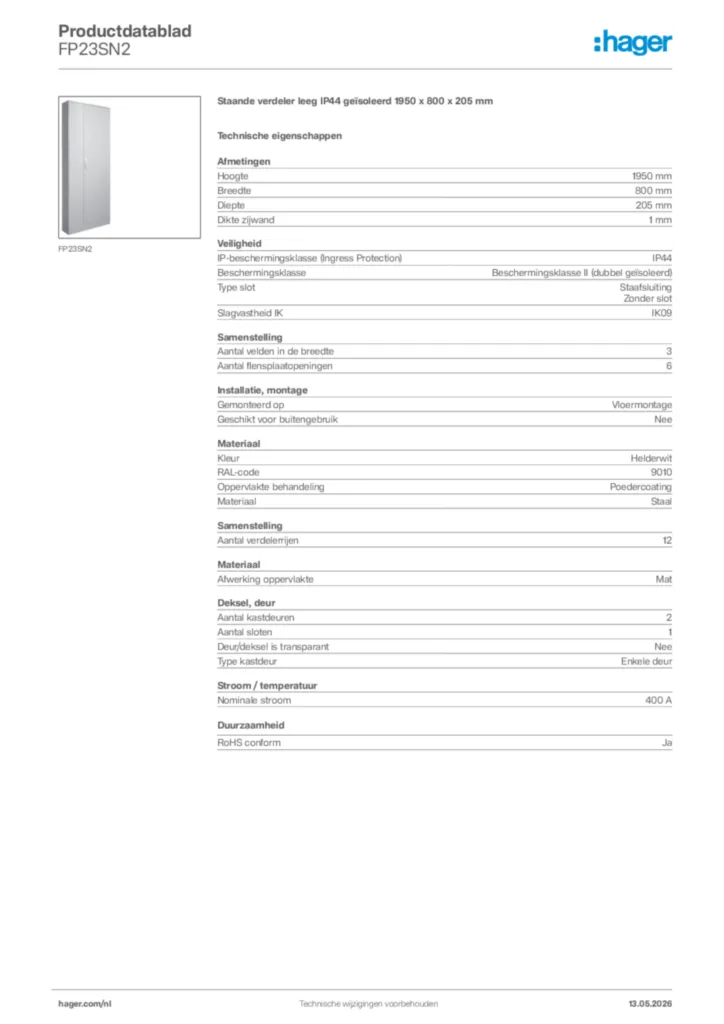 Afbeelding Hager Productdatablad FP23SN2 | Hager Nederland