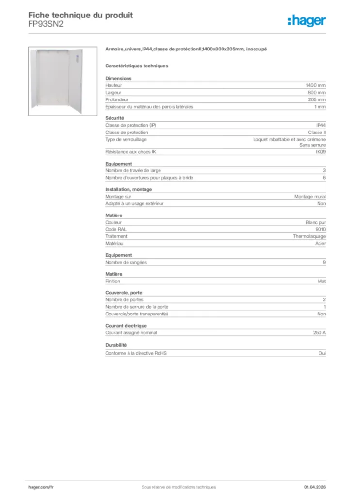 Image Hager Fiche technique du produit FP93SN2 | Hager France