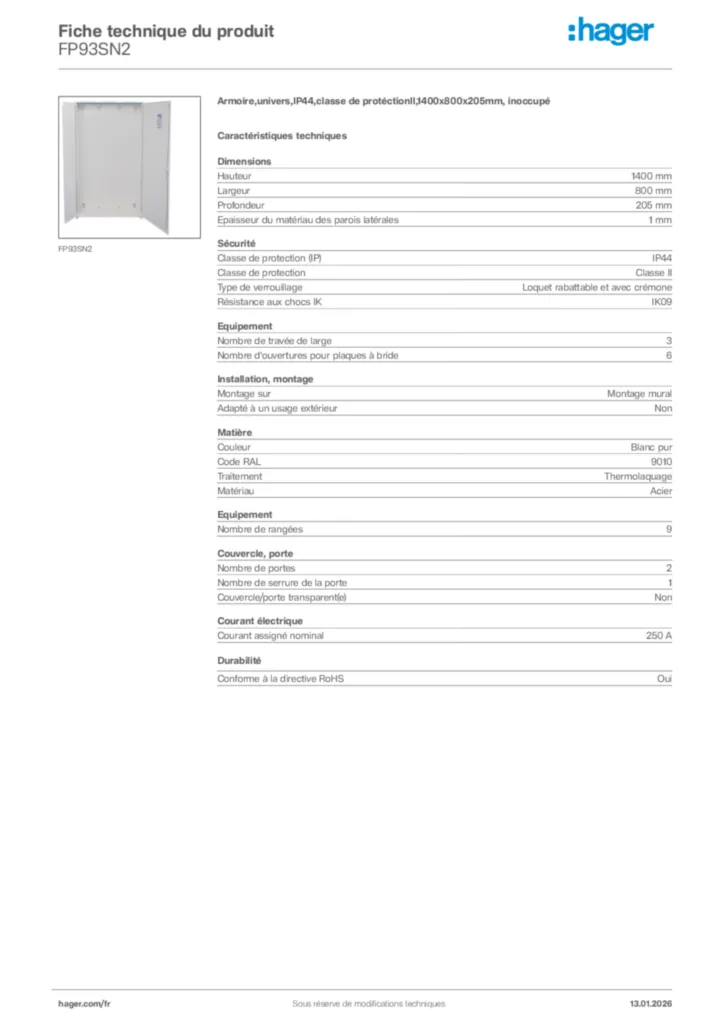 Image Hager Fiche technique du produit FP93SN2 | Hager France