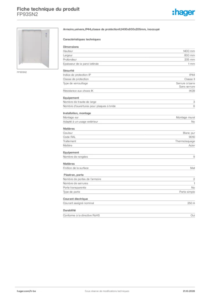 Image Hager Fiche technique du produit FP93SN2 | Hager Belgique