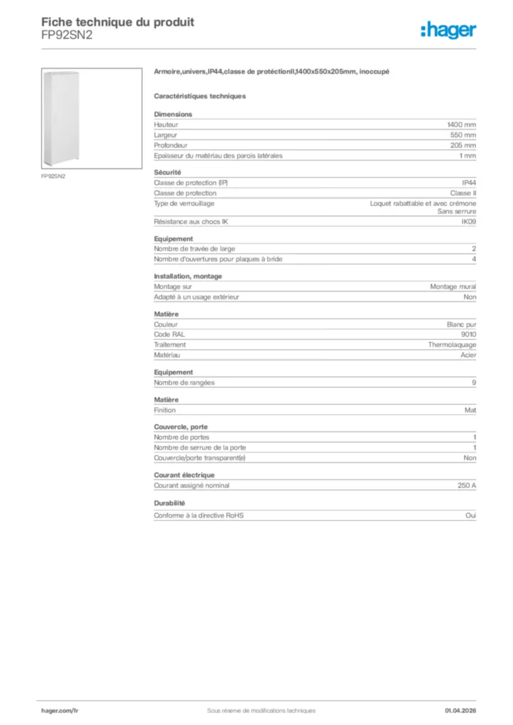 Image Hager Fiche technique du produit FP92SN2 | Hager France