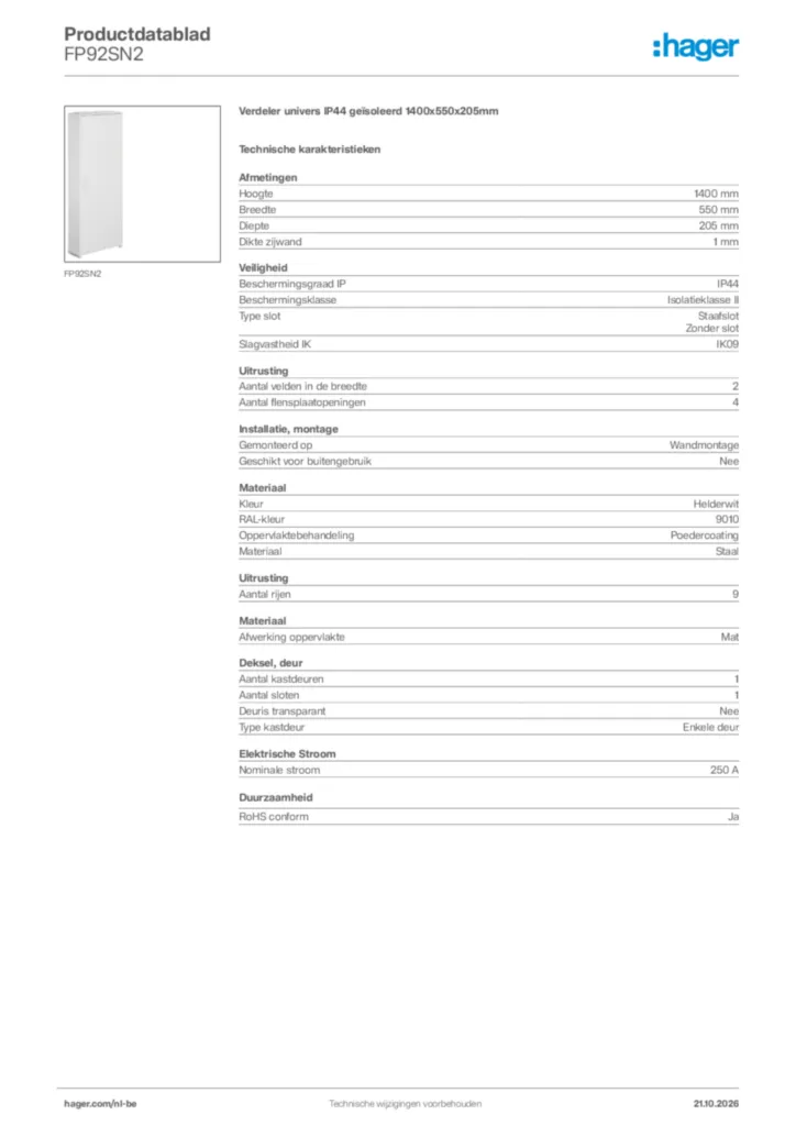 Afbeelding Hager Productdatablad FP92SN2 | Hager Belgium