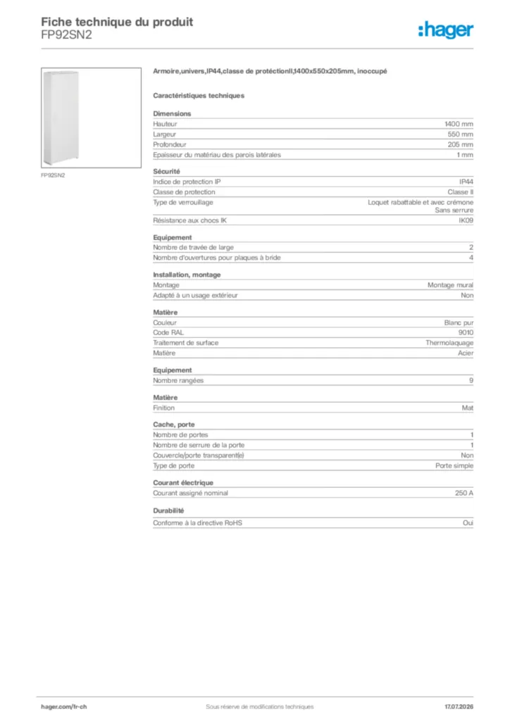 Image Hager Fiche technique du produit FP92SN2 | Hager Suisse