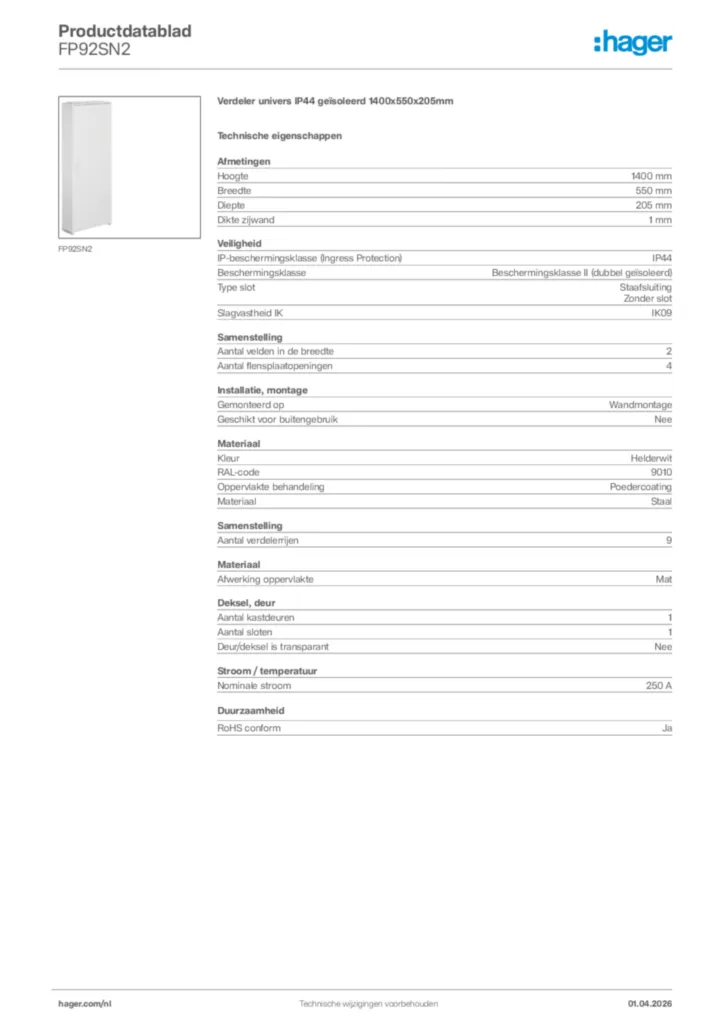 Afbeelding Hager Productdatablad FP92SN2 | Hager Nederland