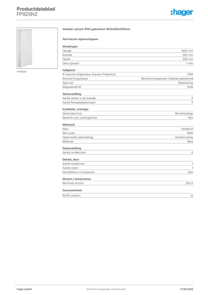 Afbeelding Hager Productdatablad FP92SN2 | Hager Nederland
