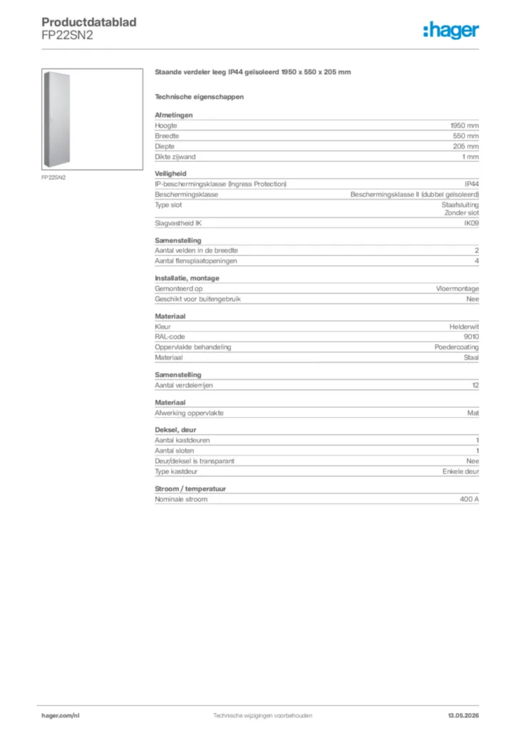 Afbeelding Hager Productdatablad FP22SN2 | Hager Nederland
