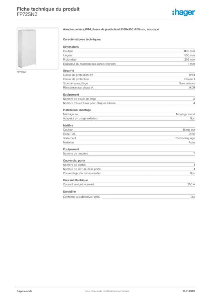 Image Hager Fiche technique du produit FP72SN2 | Hager France