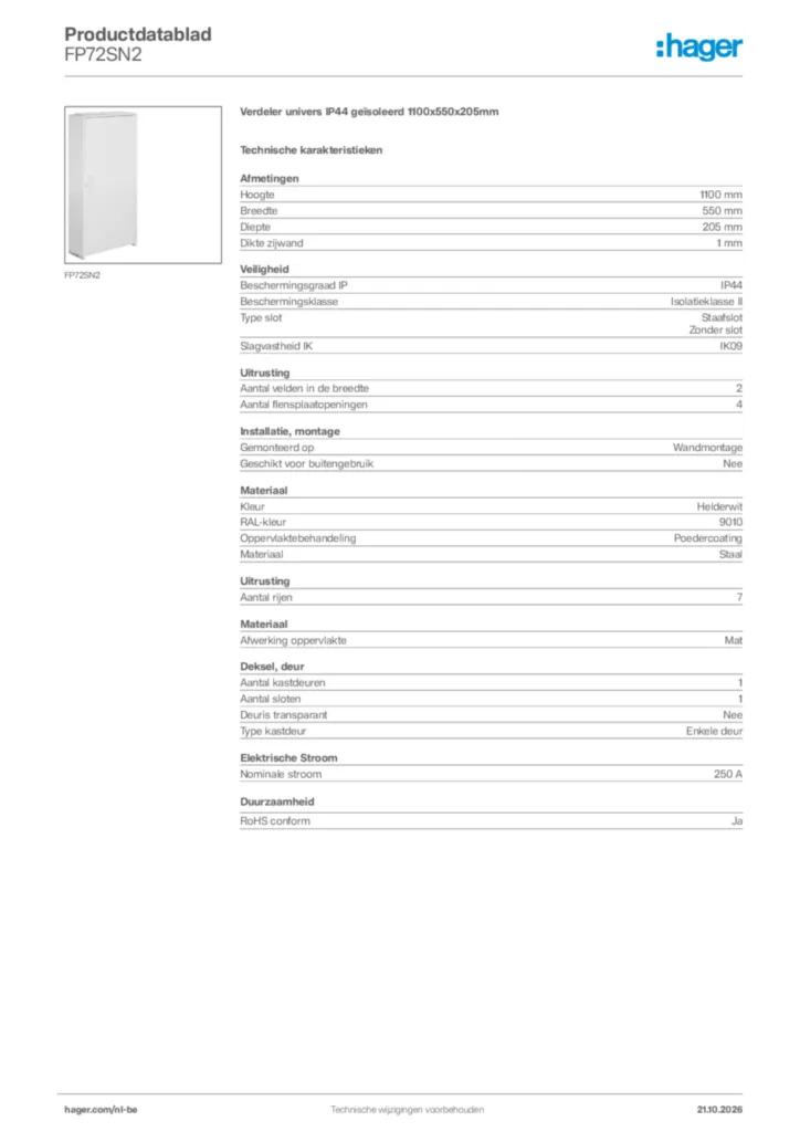 Afbeelding Hager Productdatablad FP72SN2 | Hager Belgium