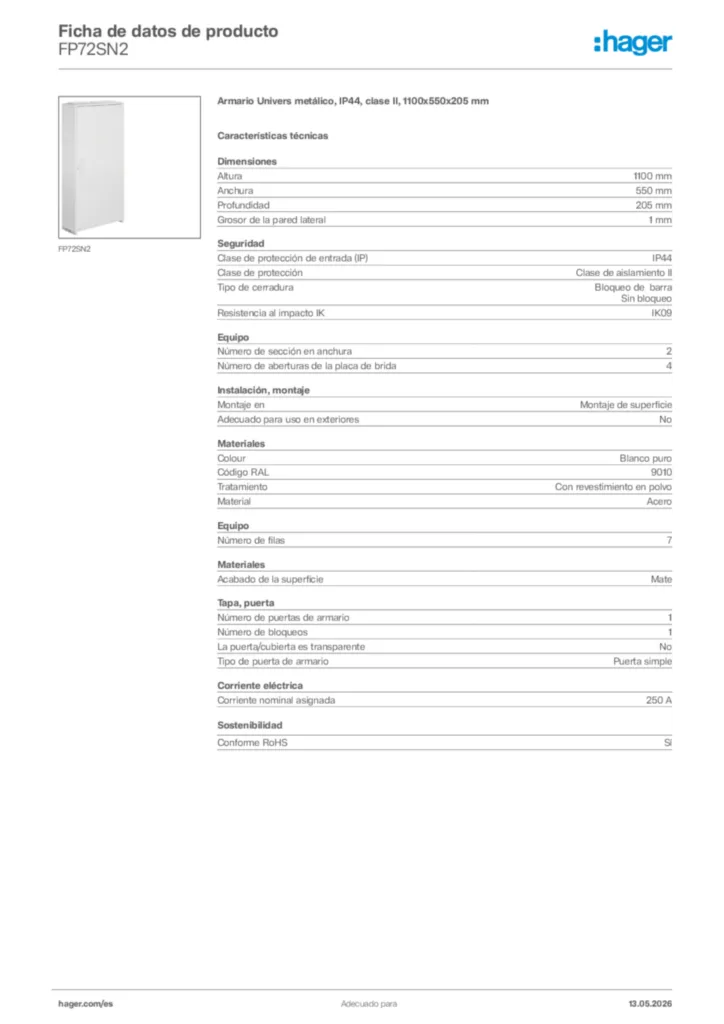 Imagen Hager Ficha de datos de producto FP72SN2 | Hager España