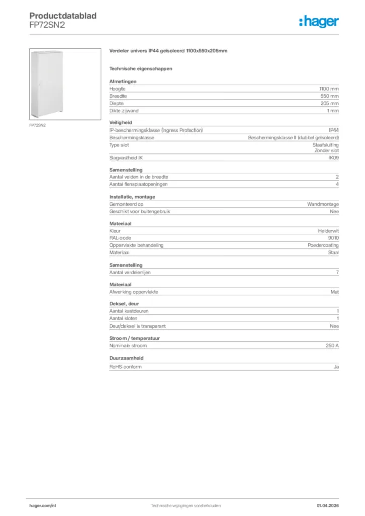 Afbeelding Hager Productdatablad FP72SN2 | Hager Nederland