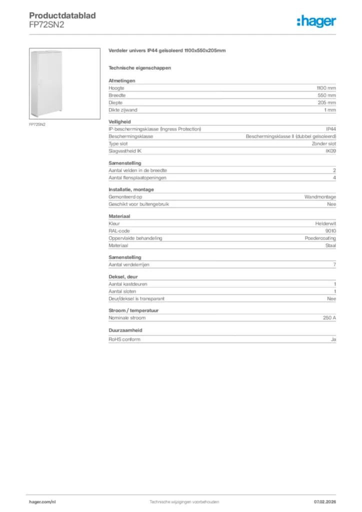 Afbeelding Hager Productdatablad FP72SN2 | Hager Nederland