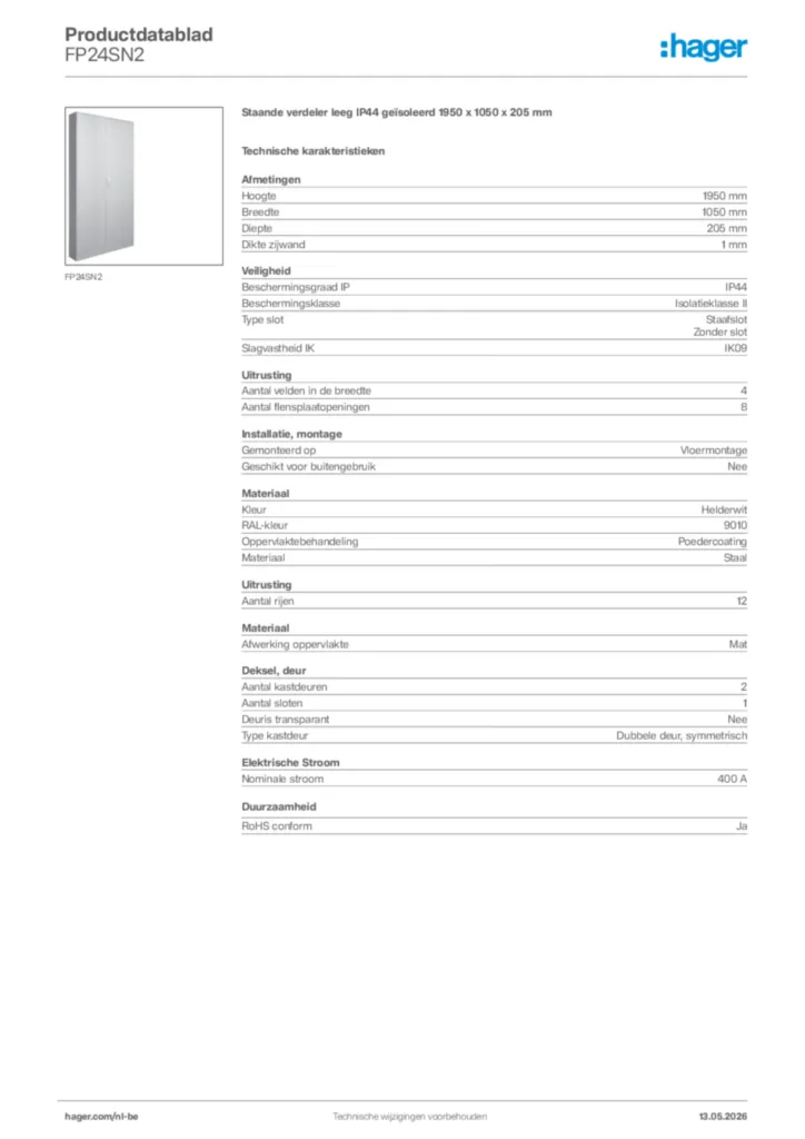 Afbeelding Hager Productdatablad FP24SN2 | Hager Belgium