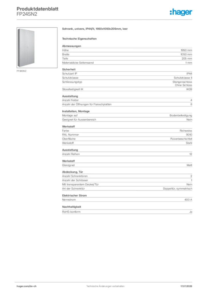 Bild Hager Produktdatenblatt FP24SN2 | Hager Schweiz